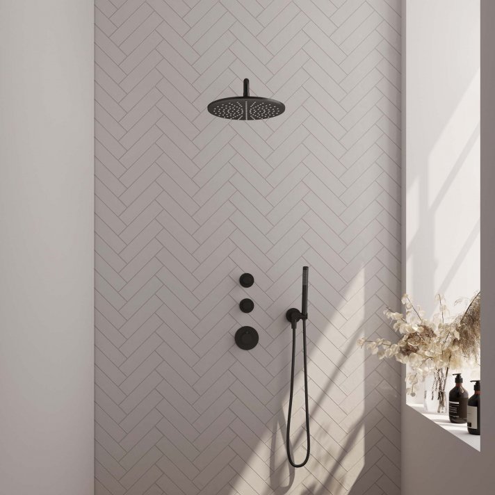 BRAUER Black Carving thermostatische inbouw regendouche SET 04 met 30 cm douchekop en gebogen muurarm en staaf handdouche en doucheslang en wandaansluitbocht mat zwart