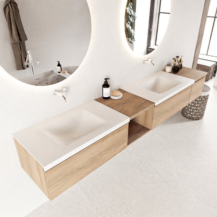 Mondiaz Bukla 240cm badmeubel met open module 40 links kleur Washed Oak met 3 lades. Wastafel Cloud dubbel 0 kraangaten kleur Talc.