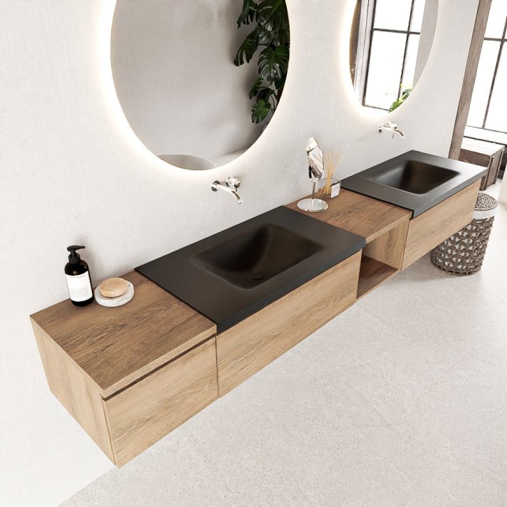 Mondiaz Bukla 240cm badmeubel met open module 40 rechts kleur Washed Oak met 3 lades. Wastafel Cloud dubbel 0 kraangaten kleur Urban.