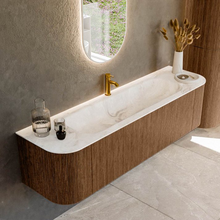Mondiaz Kurve-Dlux 170cm badmeubel ronding Links + Rechts kleur Walnut met 1 lade en 2 deuren. Wastafel Big large Midden 1 kraangat Frappe.