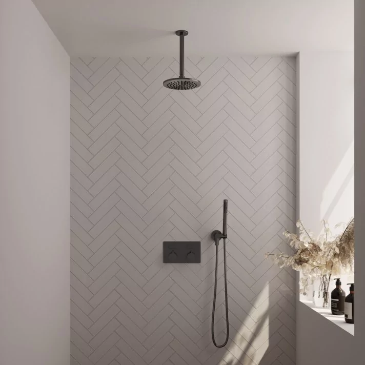 BRAUER Gunmetal Carving thermostatische inbouw regendouche met drukknoppen SET 53 met 20 cm douchekop en plafondarm en staaf handdouche en doucheslang en wandaansluitbocht gunmetal geborsteld PVD