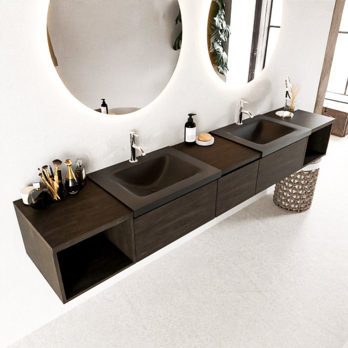 Mondiaz Bukla 240cm badmeubel met open module 40 L+R kleur Dark Brown met 3 lades. Wastafel Cloud dubbel 2 kraangaten kleur Urban.