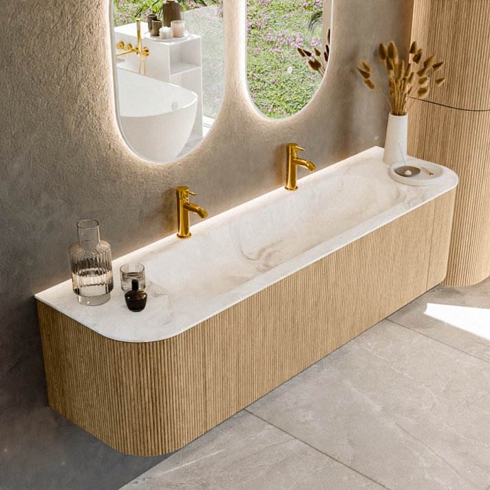 Mondiaz Kurve-Dlux 170cm badmeubel ronding Links + Rechts kleur Oak met 1 lade en 2 deuren. Wastafel Big large Midden 2 kraangaten Frappe.
