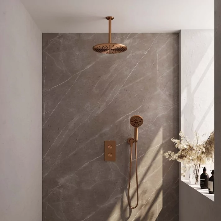 BRAUER Copper Edition thermostatische inbouw regendouche 3-weg omstelling SET 36 met 30 cm douchekop en plafondarm en 3-standen handdouche en doucheslang en wandaansluitbocht koper geborsteld PVD