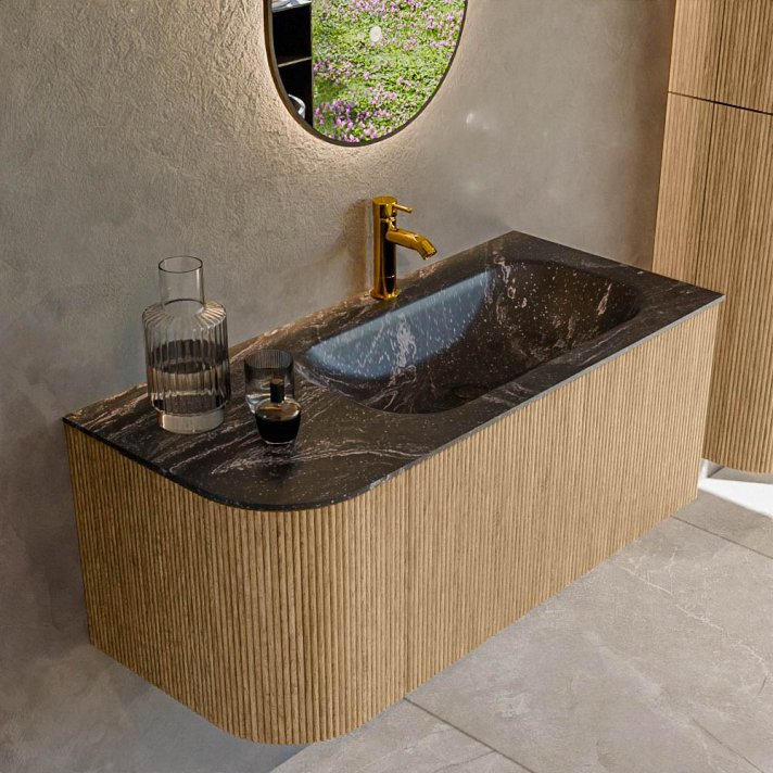 Mondiaz Kurve-Dlux 105cm badmeubel ronding Links kleur Oak met 1 lade en 1 deur. Wastafel Big small Rechts 1 kraangat Lava.
