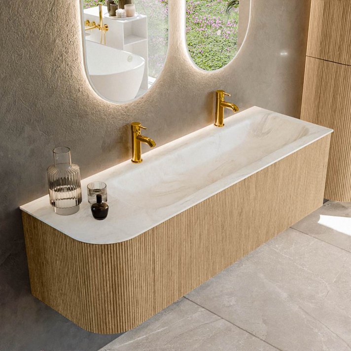 Mondiaz Kurve-Dlux 145cm badmeubel ronding Links kleur Oak met 1 lade en 1 deur. Wastafel Big large Rechts 2 kraangaten Ostra.