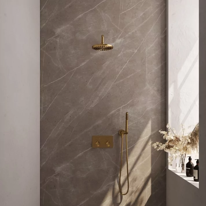 BRAUER Gold Carving thermostatische inbouw regendouche met drukknoppen SET 51 met 20 cm douchekop en gebogen muurarm en staaf handdouche en doucheslang en wandaansluitbocht goud geborsteld PVD