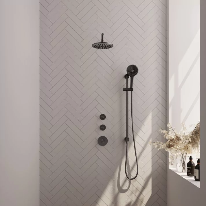 BRAUER Gunmetal Carving thermostatische inbouw regendouche SET 21 met 20 cm douchekop en gebogen muurarm en 3-standen handdouche en doucheslang en geïntegreerde glijstang gunmetal geborsteld PVD