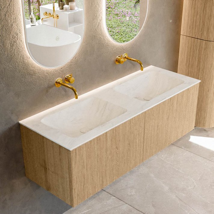 Mondiaz Kurve-Dlux 130cm badmeubel kleur Oak met 2 lades en 0 deuren. Wastafel Leaf Dubbel zonder kraangat Opalo.
