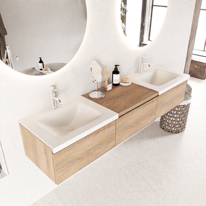 Mondiaz Bukla 180cm badmeubel met module 60 kleur Washed Oak met 3 lades. Wastafel Cloud dubbel 2 kraangaten kleur Talc.