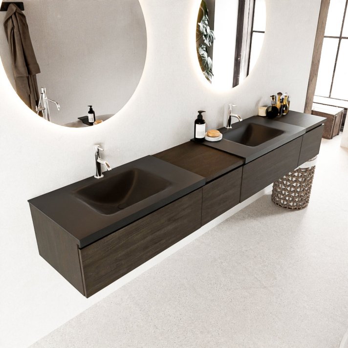 Mondiaz Bukla 240cm badmeubel met module 40 links kleur Dark Brown met 4 lades. Wastafel Cloud dubbel 2 kraangaten kleur Urban.