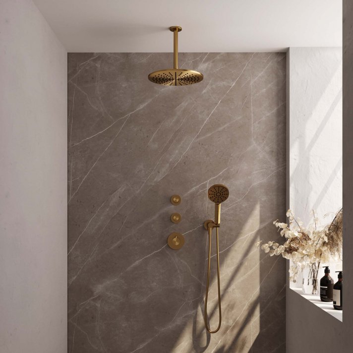 BRAUER Gold Edition thermostatische inbouw regendouche SET 12 met 30 cm douchekop en plafondarm en 3-standen handdouche en doucheslang en wandaansluitbocht goud geborsteld PVD