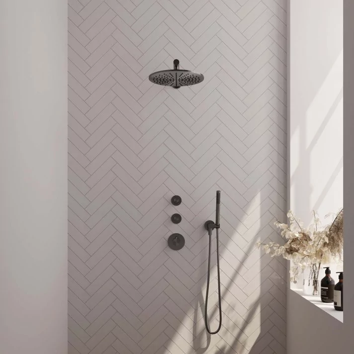BRAUER Gunmetal Edition thermostatische inbouw regendouche SET 02 met 30 cm douchekop en rechte muurarm en staaf handdouche en doucheslang en wandaansluitbocht gunmetal geborsteld PVD
