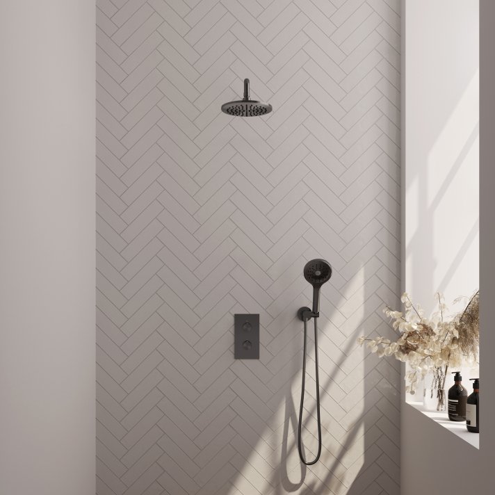 BRAUER Gunmetal Edition thermostatische inbouw regendouche 3-weg omstelling SET 33 met 20 cm douchekop en gebogen muurarm en 3-standen handdouche en doucheslang en wandaansluitbocht gunmetal geborsteld PVD