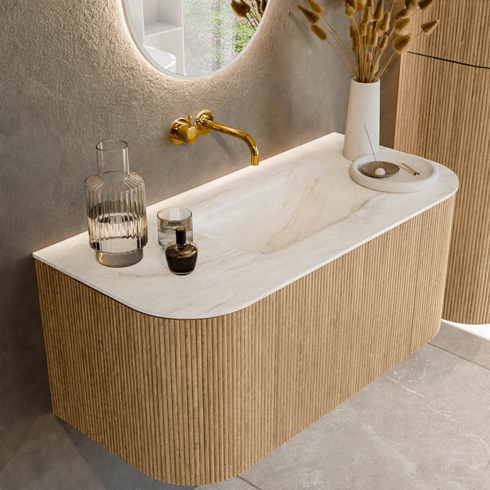Mondiaz Kurve-Dlux 100cm badmeubel ronding Links + Rechts kleur Oak met 1 lade en 2 deuren. Wastafel Grunne Midden zonder kraangat Ostra.