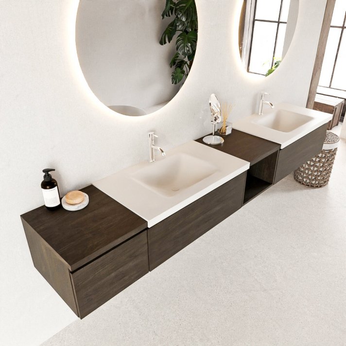 Mondiaz Bukla 240cm badmeubel met open module 40 rechts kleur Dark Brown met 3 lades. Wastafel Cloud dubbel 2 kraangaten kleur Talc.