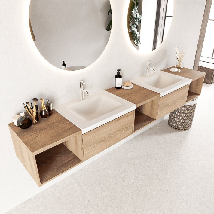 Mondiaz Bukla 240cm badmeubel met open module 40 L+M+R kleur Washed Oak met 2 lades. Wastafel Cloud dubbel 2 kraangaten kleur Talc.