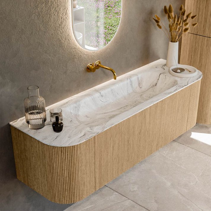 Mondiaz Kurve-Dlux 150cm badmeubel ronding Links + Rechts kleur Oak met 1 lade en 2 deuren. Wastafel Big medium Midden zonder kraangat Glace.
