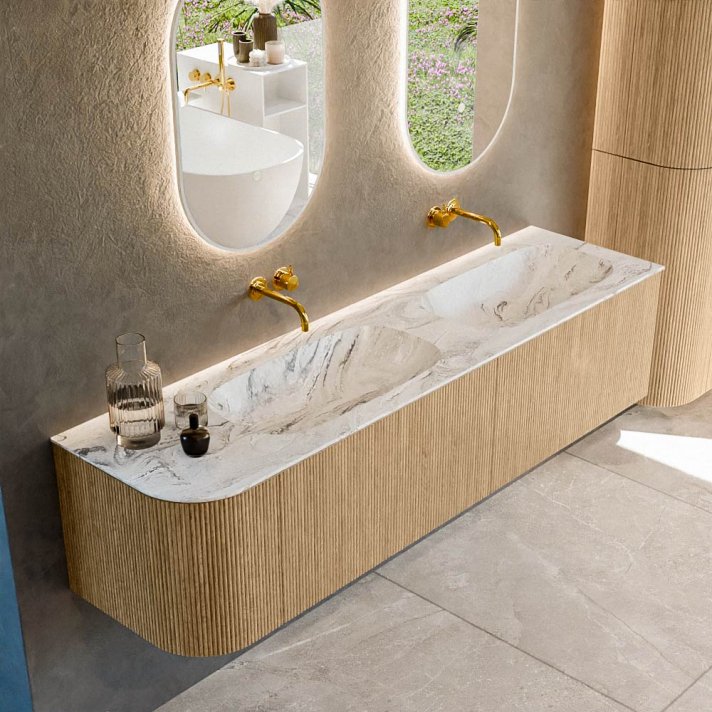 Mondiaz Kurve-Dlux 175cm badmeubel ronding Links kleur Oak met 2 lades en 1 deur. Wastafel Stor small Dubbel / Rechts zonder kraangat Glace.