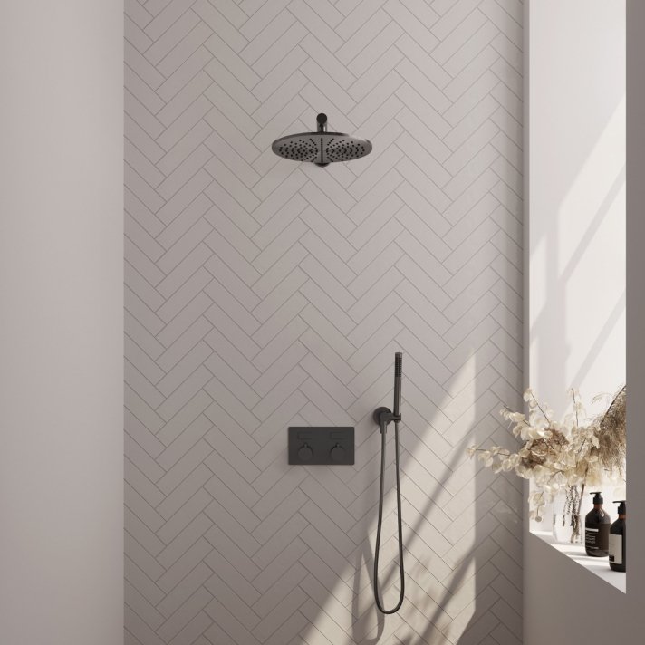 BRAUER Gunmetal Edition thermostatische inbouw regendouche met drukknoppen SET 50 met 30 cm douchekop en rechte muurarm en staaf handdouche en doucheslang en wandaansluitbocht gunmetal geborsteld PVD