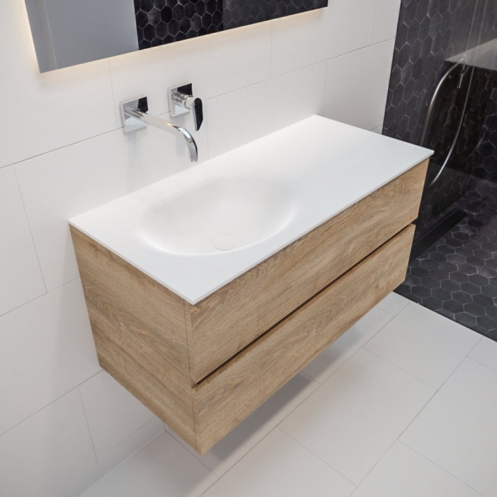 Mondiaz Vica 100 badmeubel washed oak 2 lades Moon links geen kraangat