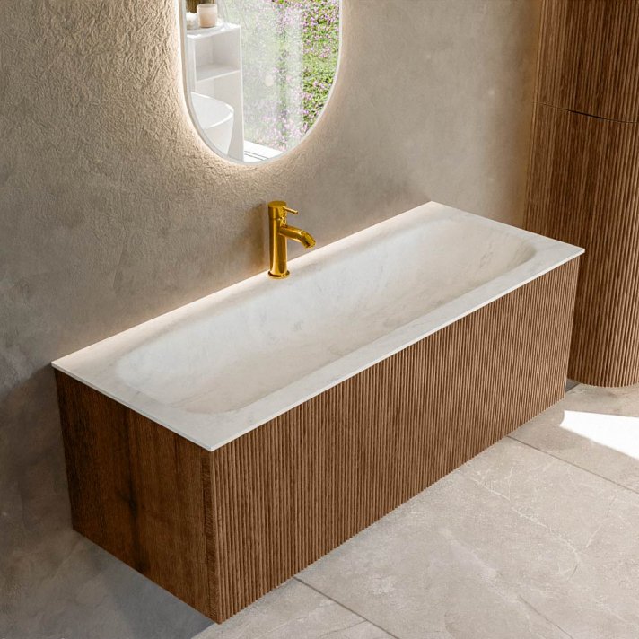 Mondiaz Kurve-Dlux 120cm badmeubel kleur Walnut met 1 lade en 0 deuren. Wastafel Big large Midden 1 kraangat Opalo.