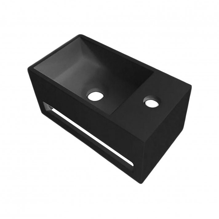 Hugo & Müeller Solid Surface Wastafel Met Handdoekhouder En Kraangat Rechts (35,8x20,5x15,7cm) - Zwart