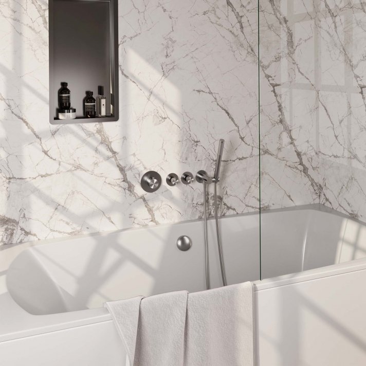 BRAUER Brushed Edition thermostatische inbouw badkraan SET 01 met badvulcombinatie en staaf handdouche en doucheslang en wandaansluitbocht RVS geborsteld PVD