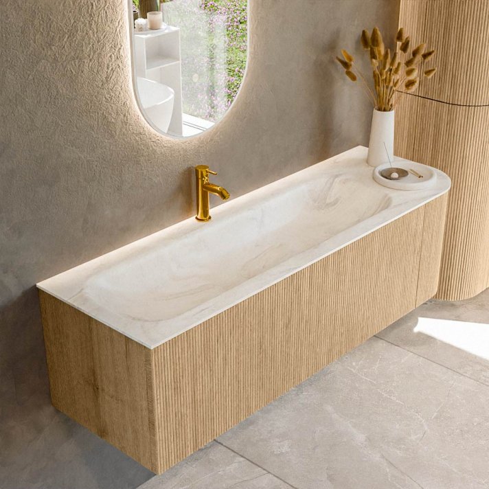 Mondiaz Kurve-Dlux 145cm badmeubel ronding Rechts kleur Oak met 1 lade en 1 deur. Wastafel Big large Links 1 kraangat Ostra.