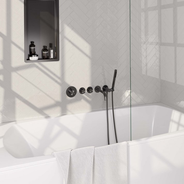 BRAUER Gunmetal Edition thermostatische inbouw badkraan SET 01 met uitloop en staaf handdouche en doucheslang en wandaansluitbocht gunmetal geborsteld PVD