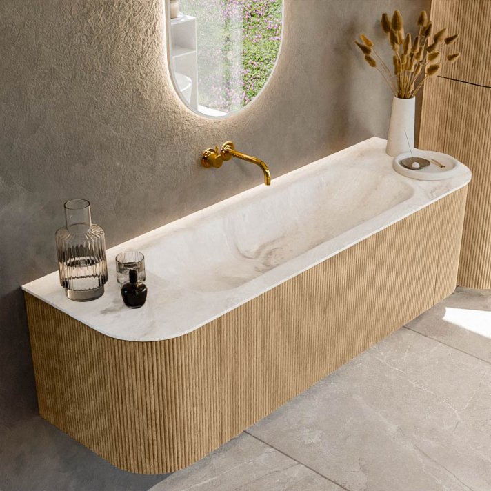 Mondiaz Kurve-Dlux 150cm badmeubel ronding Links + Rechts kleur Oak met 1 lade en 2 deuren. Wastafel Big medium Midden zonder kraangat Frappe.