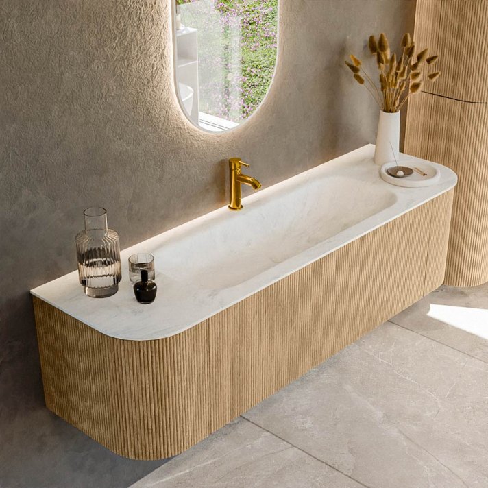 Mondiaz Kurve-Dlux 160cm badmeubel ronding Links + Rechts kleur Oak met 1 lade en 2 deuren. Wastafel Big medium Midden 1 kraangat Opalo.