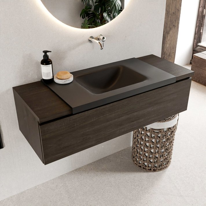 Mondiaz Bukla 120cm badmeubel onderkast kleur Dark Brown met 1 lade. Wastafel Cloud midden 0 kraangaten kleur Urban.