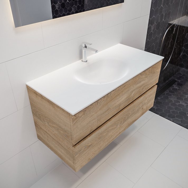 Mondiaz Vica 100 badmeubel washed oak 2 lades wastafel Moon midden 1 kraangat