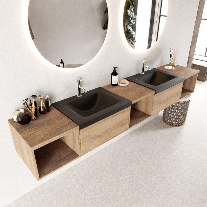 Mondiaz Bukla 240cm badmeubel met open module 40 L+M+R kleur Washed Oak met 2 lades. Wastafel Cloud dubbel 2 kraangaten kleur Urban.