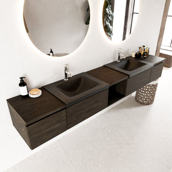 Mondiaz Bukla 240cm badmeubel met open module 40 midden kleur Dark Brown met 4 lades. Wastafel Cloud dubbel 2 kraangaten kleur Urban.
