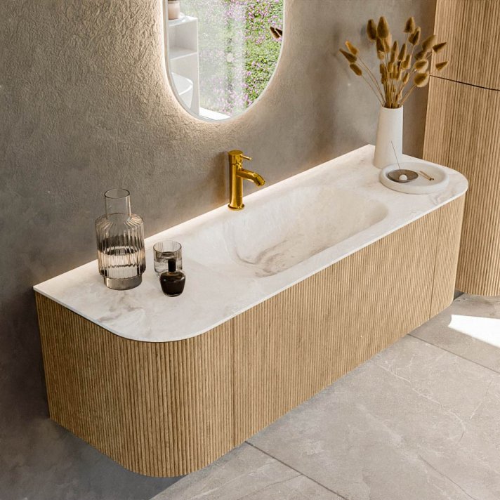 Mondiaz Kurve-Dlux 140cm badmeubel ronding Links + Rechts kleur Oak met 1 lade en 2 deuren. Wastafel Big small Midden 1 kraangat Frappe.