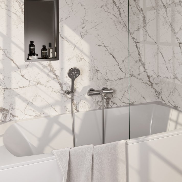 BRAUER Brushed Edition opbouw baddouche thermostaatkraan SET 04 met wandhouder en 3-standen handdouche en doucheslang RVS geborsteld PVD