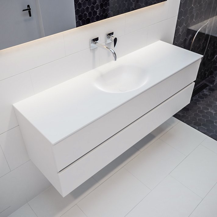 Mondiaz Vica 150cm badmeubel talc 2 lades wastafel Moon midden zonder kraangat