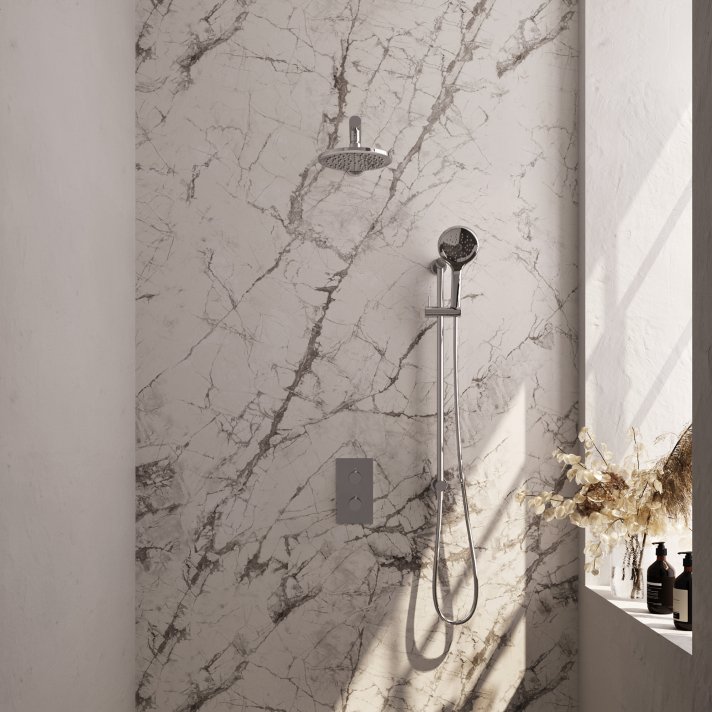 BRAUER Chrome Edition thermostatische inbouw regendouche 3-weg omstelling SET 43 met 20 cm douchekop en rechte muurarm en 3-standen handdouche en doucheslang en geïntegreerde glijstang chroom