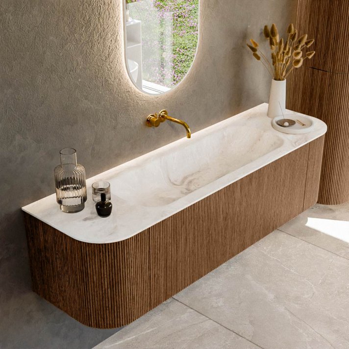 Mondiaz Kurve-Dlux 160cm badmeubel ronding Links + Rechts kleur Walnut met 1 lade en 2 deuren. Wastafel Big medium Midden zonder kraangat Frappe.