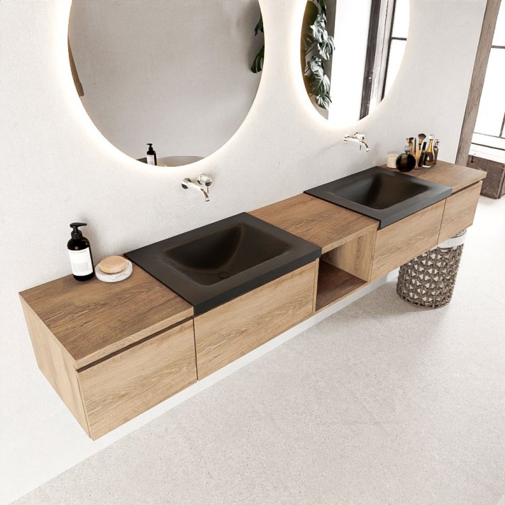 Mondiaz Bukla 240cm badmeubel met open module 40 midden kleur Washed Oak met 4 lades. Wastafel Cloud dubbel 0 kraangaten kleur Urban.