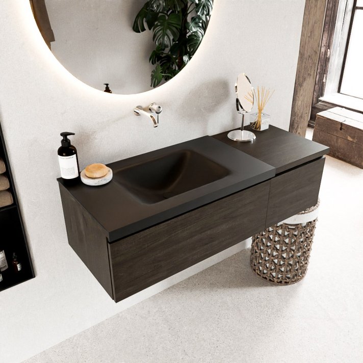 Mondiaz Bukla 120cm badmeubel met module 40 kleur Dark Brown met 2 lades. Wastafel Cloud links 0 kraangaten kleur Urban.