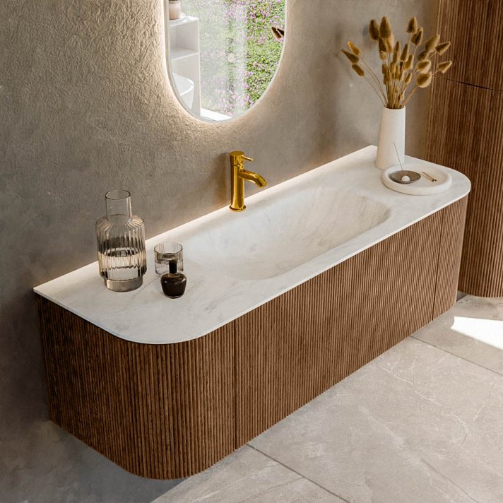 Mondiaz Kurve-Dlux 140cm badmeubel ronding Links + Rechts kleur Walnut met 1 lade en 2 deuren. Wastafel Big small Midden 1 kraangat Opalo.