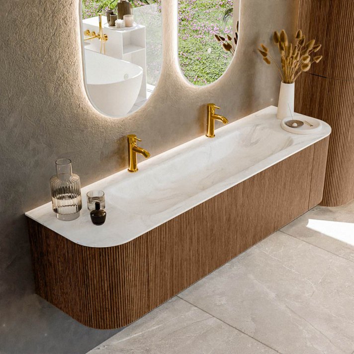 Mondiaz Kurve-Dlux 170cm badmeubel ronding Links + Rechts kleur Walnut met 1 lade en 2 deuren. Wastafel Big large Midden 2 kraangaten Ostra.