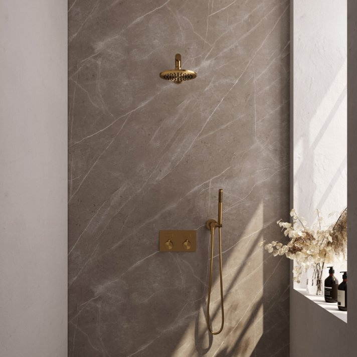 BRAUER Gold Edition thermostatische inbouw regendouche met drukknoppen SET 49 met 20 cm douchekop en rechte muurarm en staaf handdouche en doucheslang en wandaansluitbocht goud geborsteld PVD