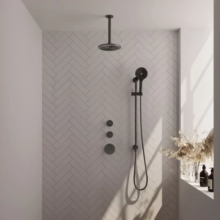 BRAUER Gunmetal Carving thermostatische inbouw regendouche SET 23 met 20 cm douchekop en plafondarm en 3-standen handdouche en doucheslang en geïntegreerde glijstang gunmetal geborsteld PVD