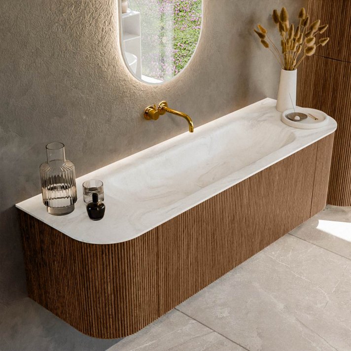 Mondiaz Kurve-Dlux 150cm badmeubel ronding Links + Rechts kleur Walnut met 1 lade en 2 deuren. Wastafel Big medium Midden zonder kraangat Ostra.