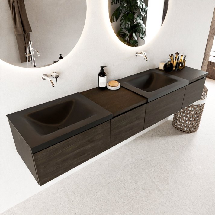 Mondiaz Bukla 200cm badmeubel met module 40 links kleur Dark Brown met 4 lades. Wastafel Cloud dubbel 0 kraangaten kleur Urban.