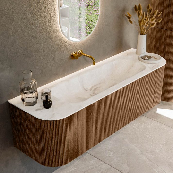 Mondiaz Kurve-Dlux 150cm badmeubel ronding Links + Rechts kleur Walnut met 1 lade en 2 deuren. Wastafel Big medium Midden zonder kraangat Frappe.